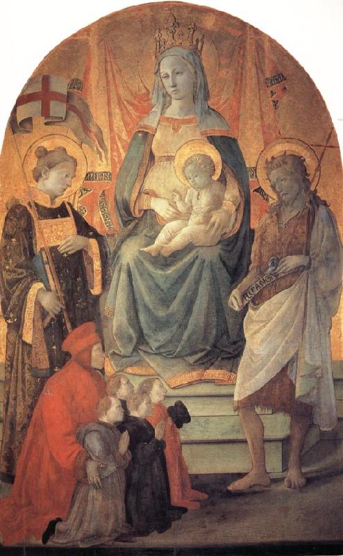 Fra Filippo Lippi The Madonna and Child Enthroned with Stephen,St John the Baptist,Francesco di Marco Datini and Four Buonomini of the Hospital of the Ceppo of Prato Sweden oil painting art